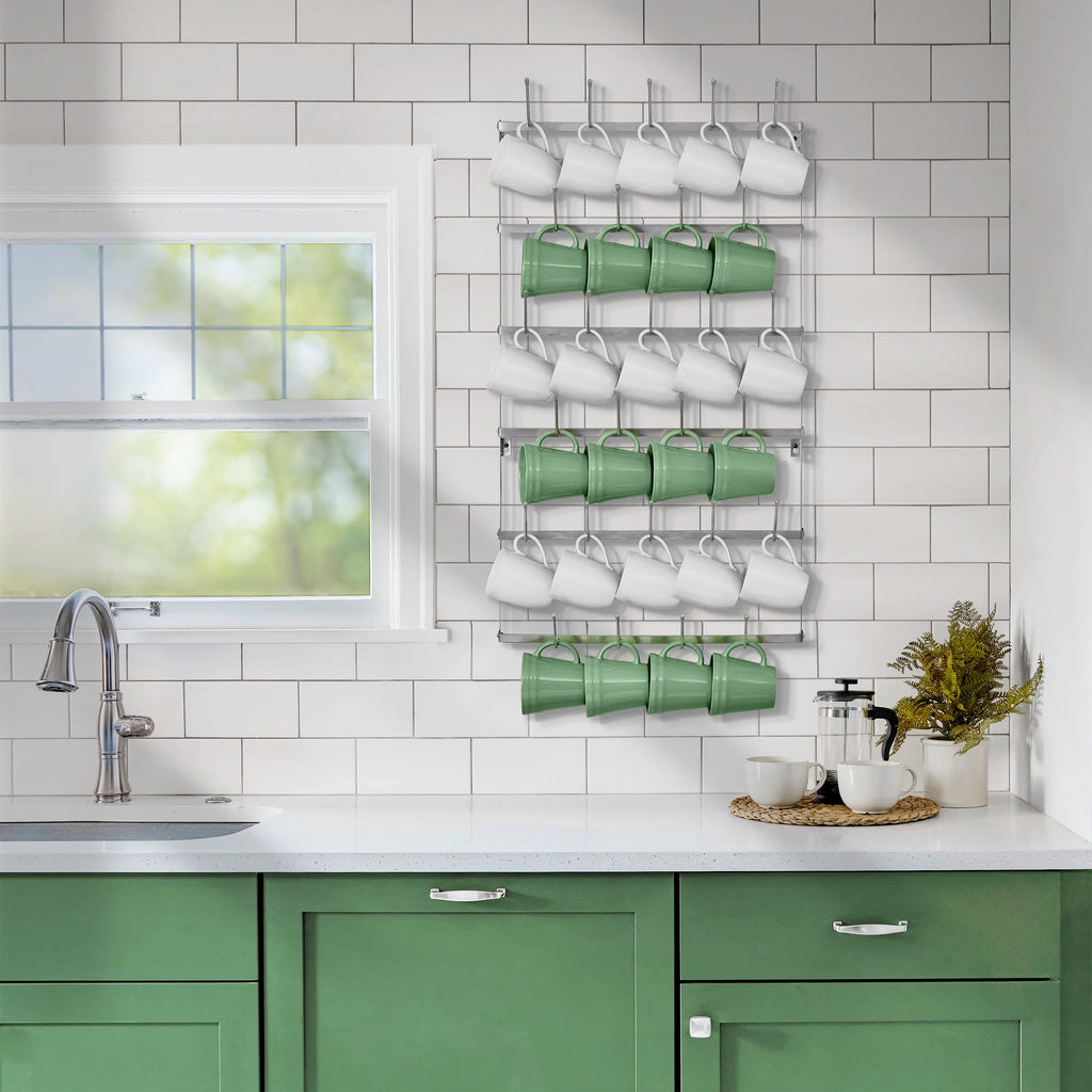 Mug Rack for Wall - Large Rustic Coffee Mug Holder Wall Mount with 27 Hooks, Coffee Cup Display Rack, 6-Tier Metal Mug Organizer for Home, Kitchen & Bar, Coffee Station, Dining Room