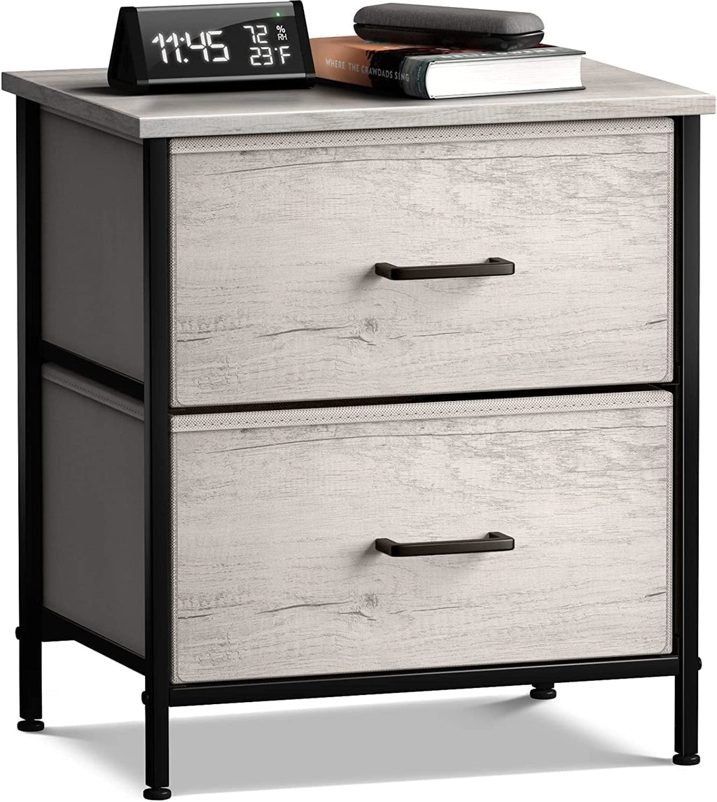 Nightstand Dresser with 2 Faux Wood Drawers - Bedside Table Chest with Storage - Bedroom, Living -Room, Closet & Dorm Furniture -Lamp Stand - Steel Frame, Wood Top, Easy Pull Fabric Bins