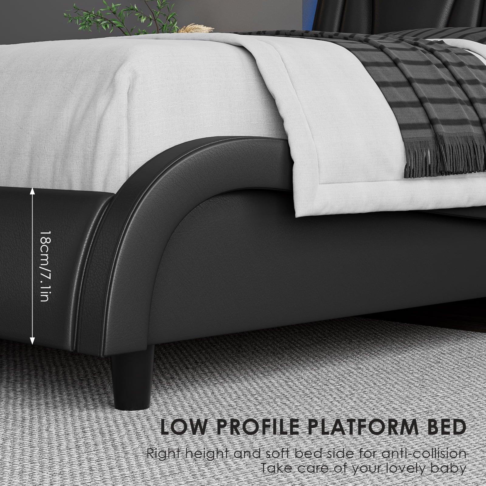 Queen Size LED Bed Frame, PU Leather Curved Upholstered Platform Bed Frame with Adjustable Headboard and Pillow, Black