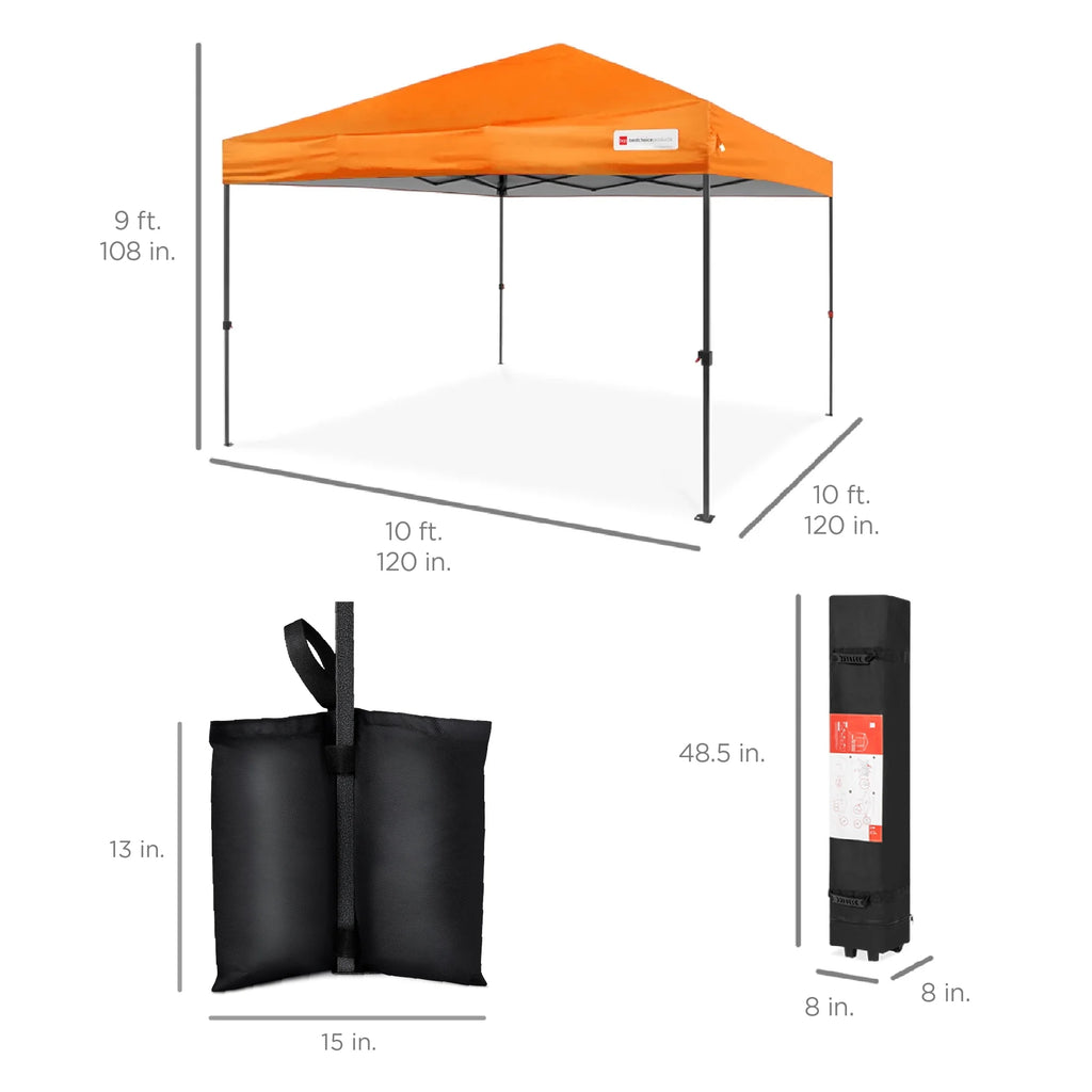 10X10Ft Easy Setup Pop up Canopy W/ 1-Button Setup, Wheeled Case, 4 Weight Bags - Orange