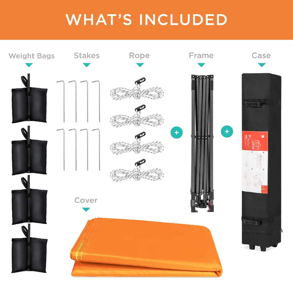10X10Ft Easy Setup Pop up Canopy W/ 1-Button Setup, Wheeled Case, 4 Weight Bags - Orange
