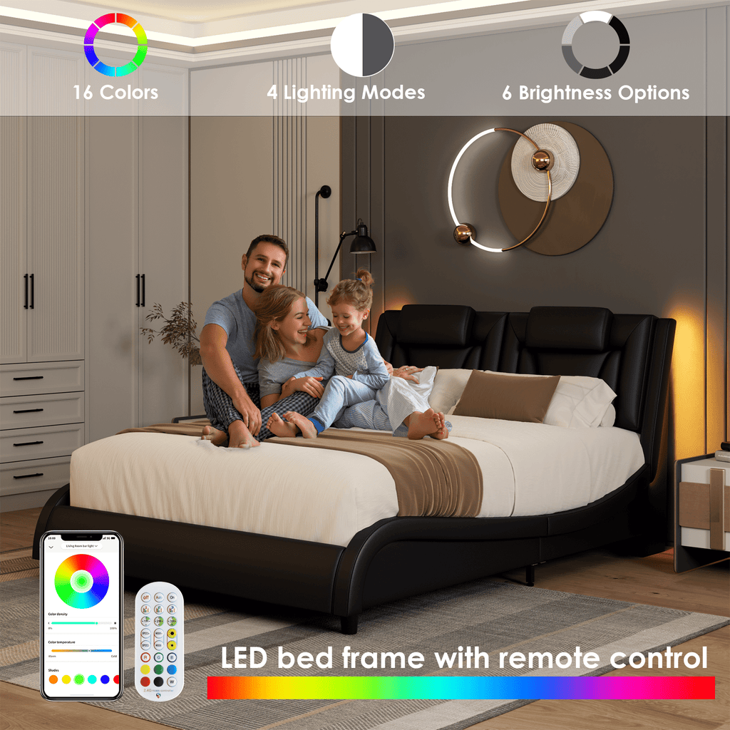 Queen Size LED Bed Frame, PU Leather Curved Upholstered Platform Bed Frame with Adjustable Headboard and Pillow, Black