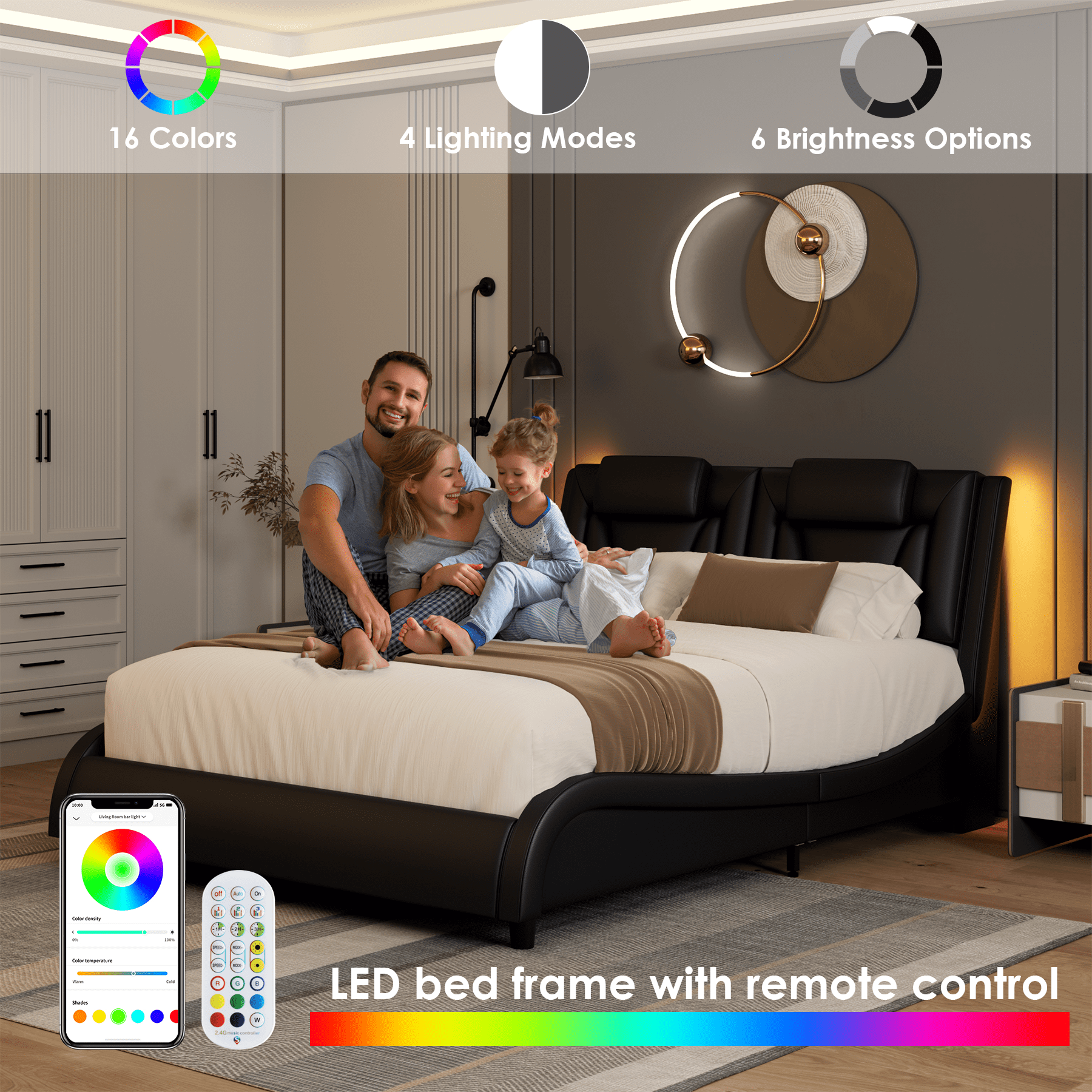 Queen Size LED Bed Frame, PU Leather Curved Upholstered Platform Bed Frame with Adjustable Headboard and Pillow, Black