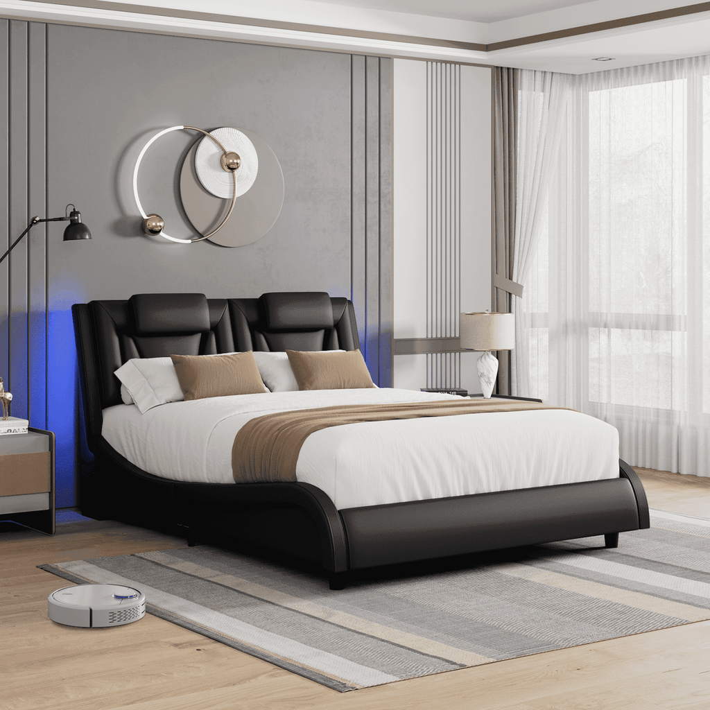 Queen Size LED Bed Frame, PU Leather Curved Upholstered Platform Bed Frame with Adjustable Headboard and Pillow, Black