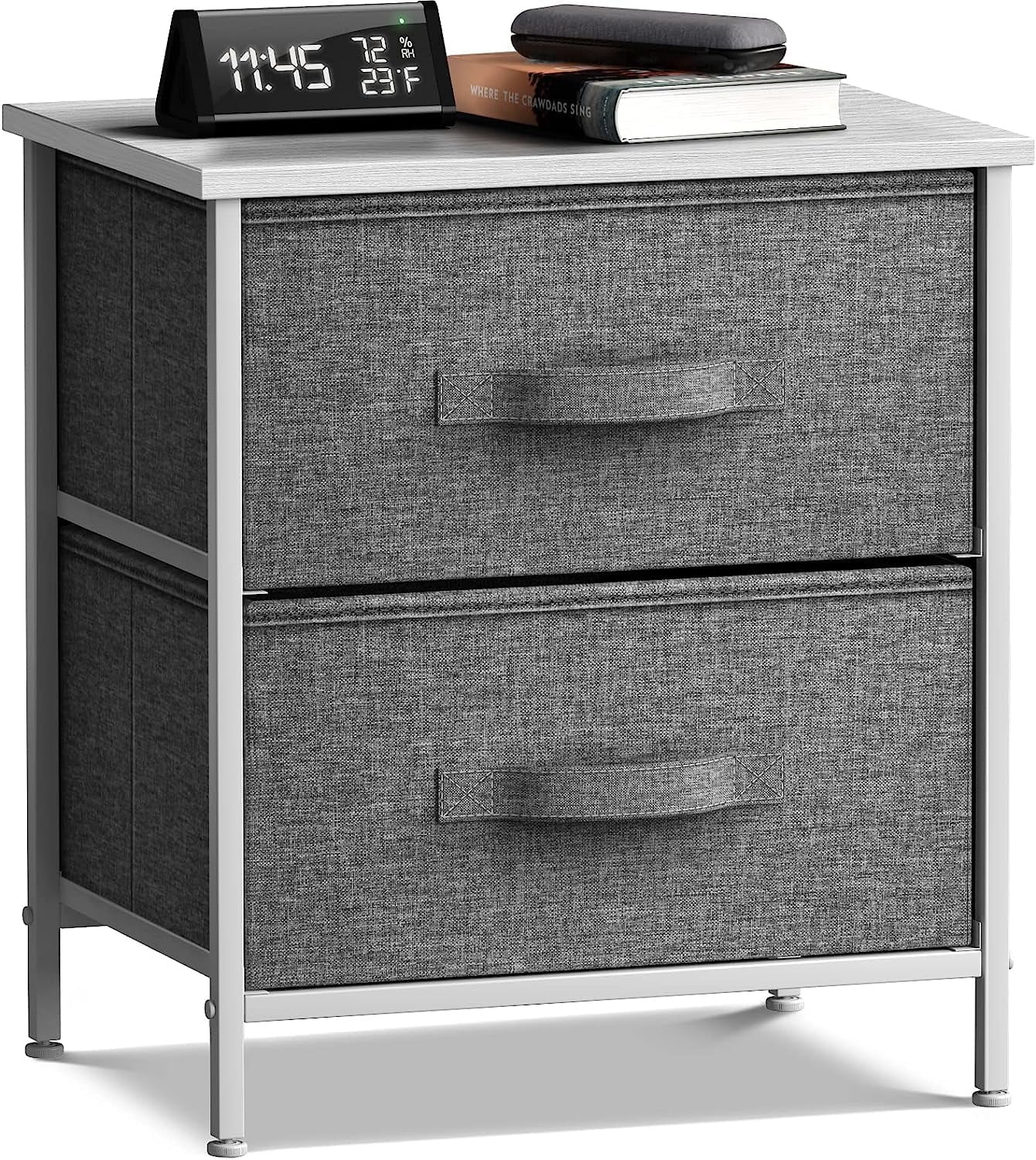 Nightstand Dresser with 2 Faux Wood Drawers - Bedside Table Chest with Storage - Bedroom, Living -Room, Closet & Dorm Furniture -Lamp Stand - Steel Frame, Wood Top, Easy Pull Fabric Bins