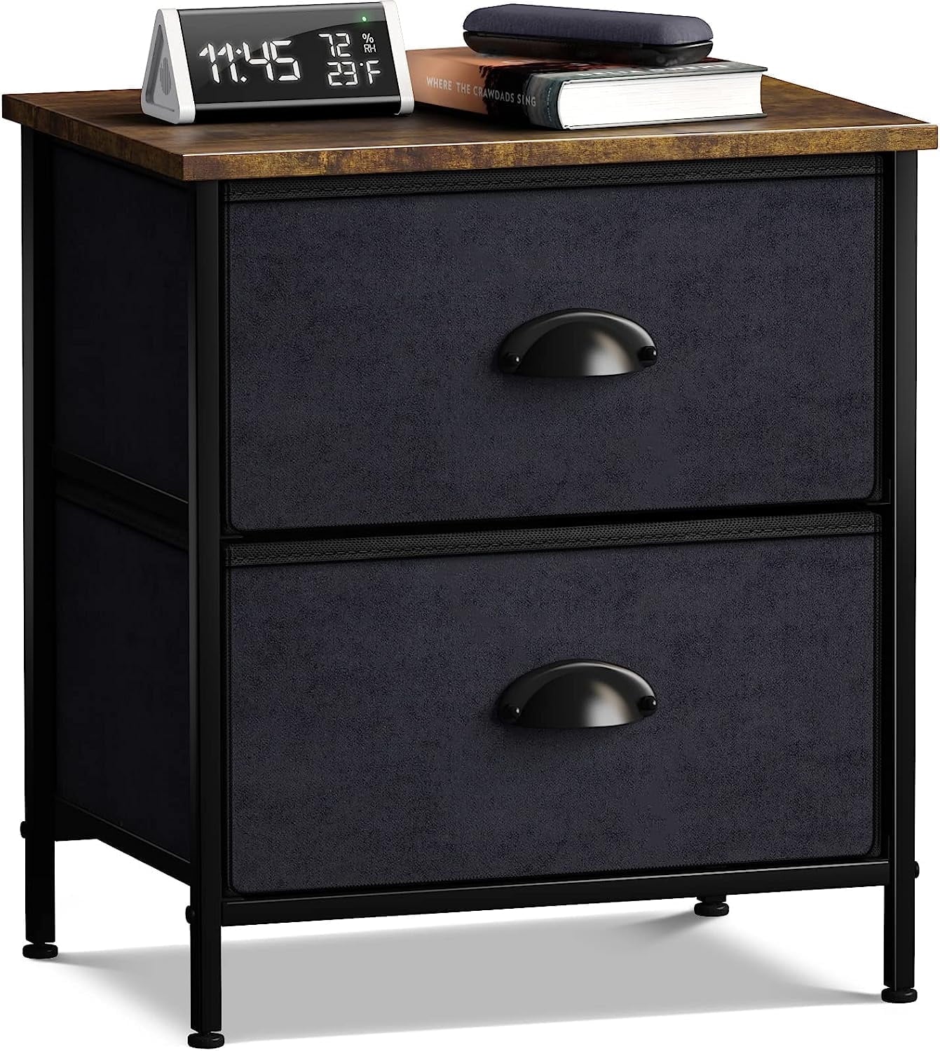 Nightstand Dresser with 2 Faux Wood Drawers - Bedside Table Chest with Storage - Bedroom, Living -Room, Closet & Dorm Furniture -Lamp Stand - Steel Frame, Wood Top, Easy Pull Fabric Bins
