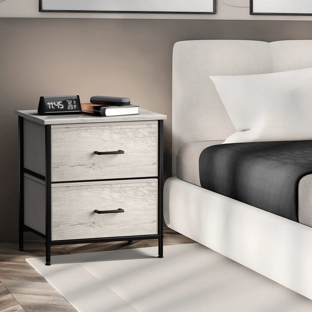 Nightstand Dresser with 2 Faux Wood Drawers - Bedside Table Chest with Storage - Bedroom, Living -Room, Closet & Dorm Furniture -Lamp Stand - Steel Frame, Wood Top, Easy Pull Fabric Bins