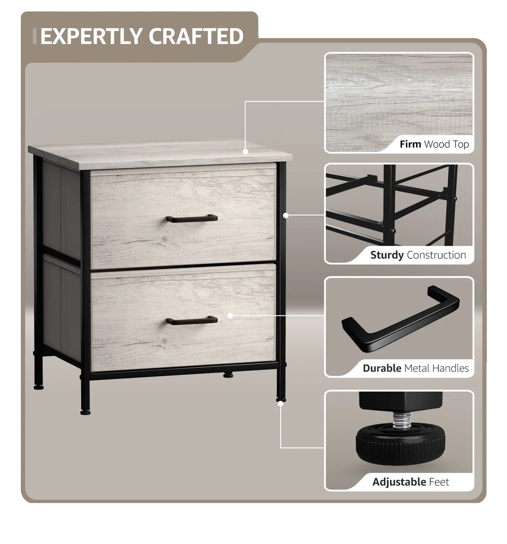 Nightstand Dresser with 2 Faux Wood Drawers - Bedside Table Chest with Storage - Bedroom, Living -Room, Closet & Dorm Furniture -Lamp Stand - Steel Frame, Wood Top, Easy Pull Fabric Bins