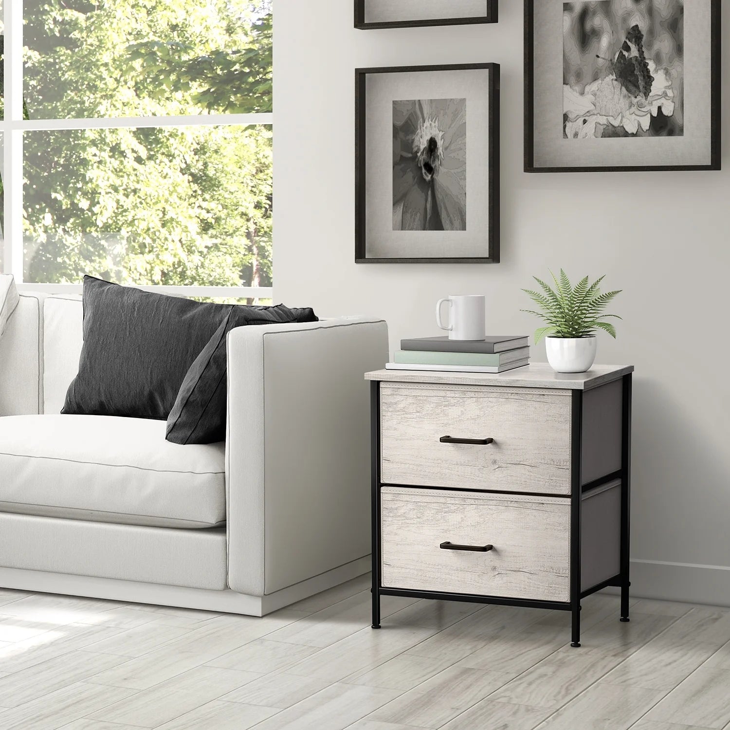 Nightstand Dresser with 2 Faux Wood Drawers - Bedside Table Chest with Storage - Bedroom, Living -Room, Closet & Dorm Furniture -Lamp Stand - Steel Frame, Wood Top, Easy Pull Fabric Bins