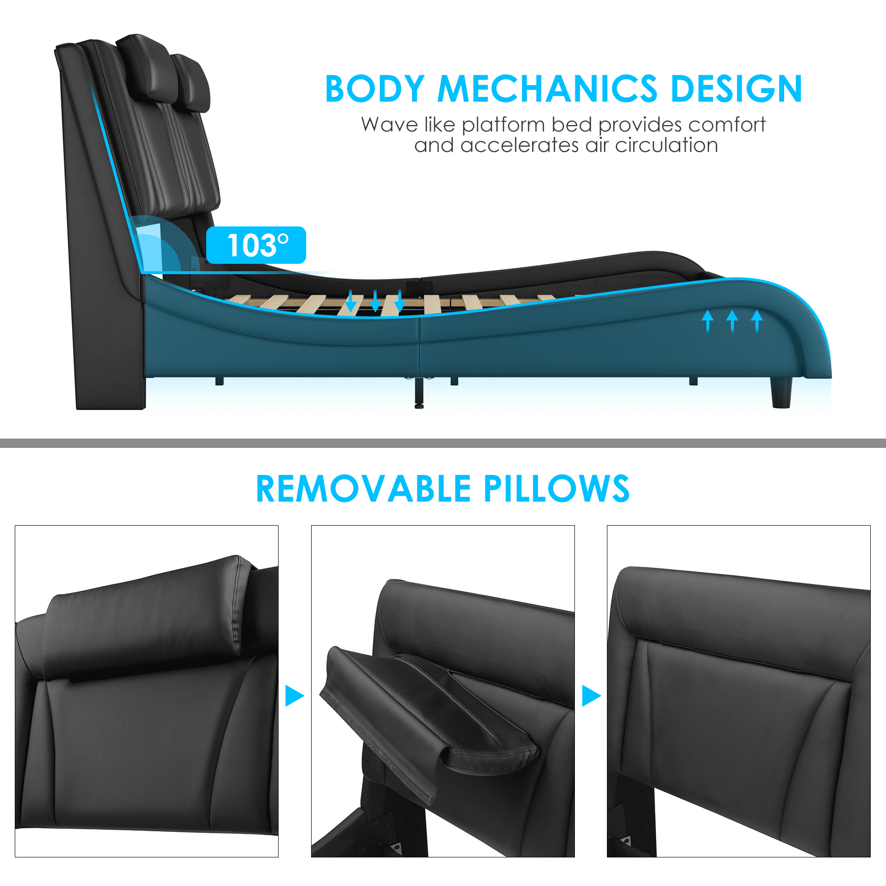 Queen Size LED Bed Frame, PU Leather Curved Upholstered Platform Bed Frame with Adjustable Headboard and Pillow, Black