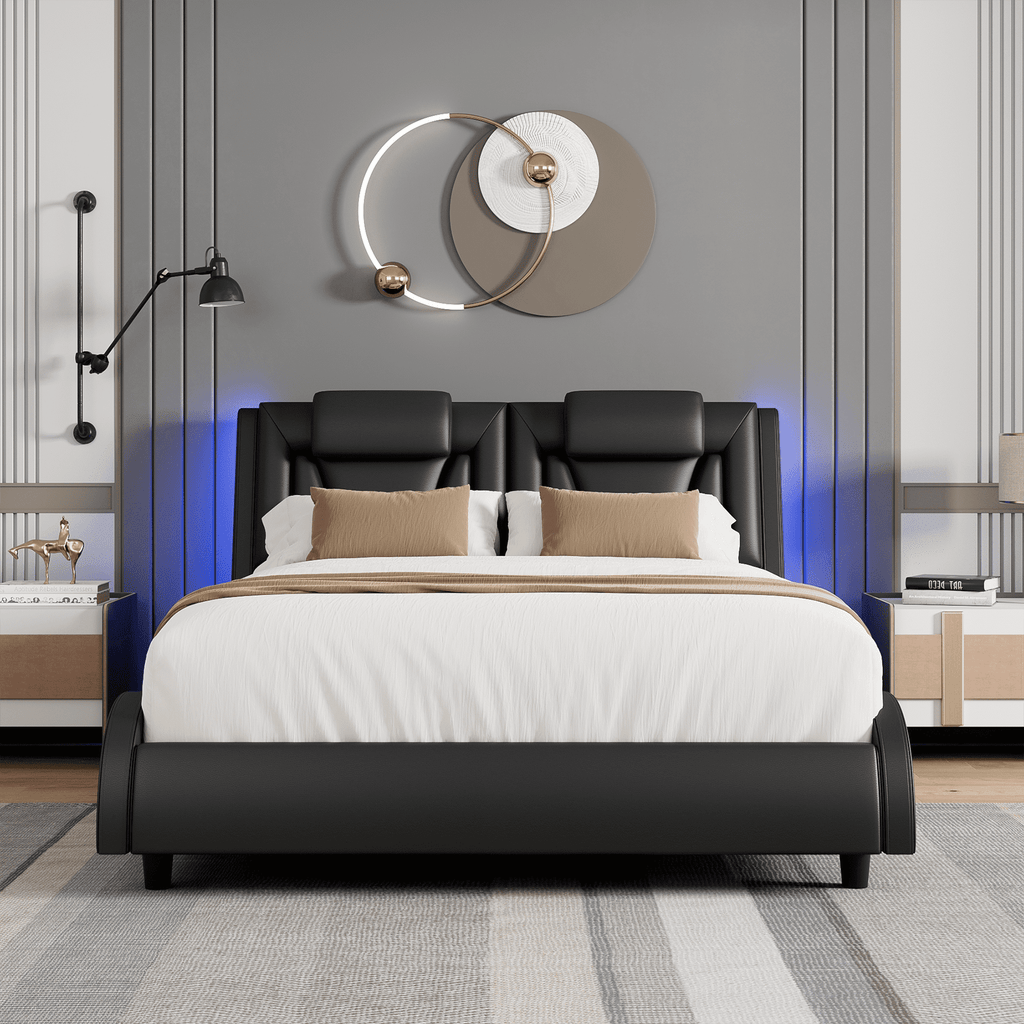 Queen Size LED Bed Frame, PU Leather Curved Upholstered Platform Bed Frame with Adjustable Headboard and Pillow, Black