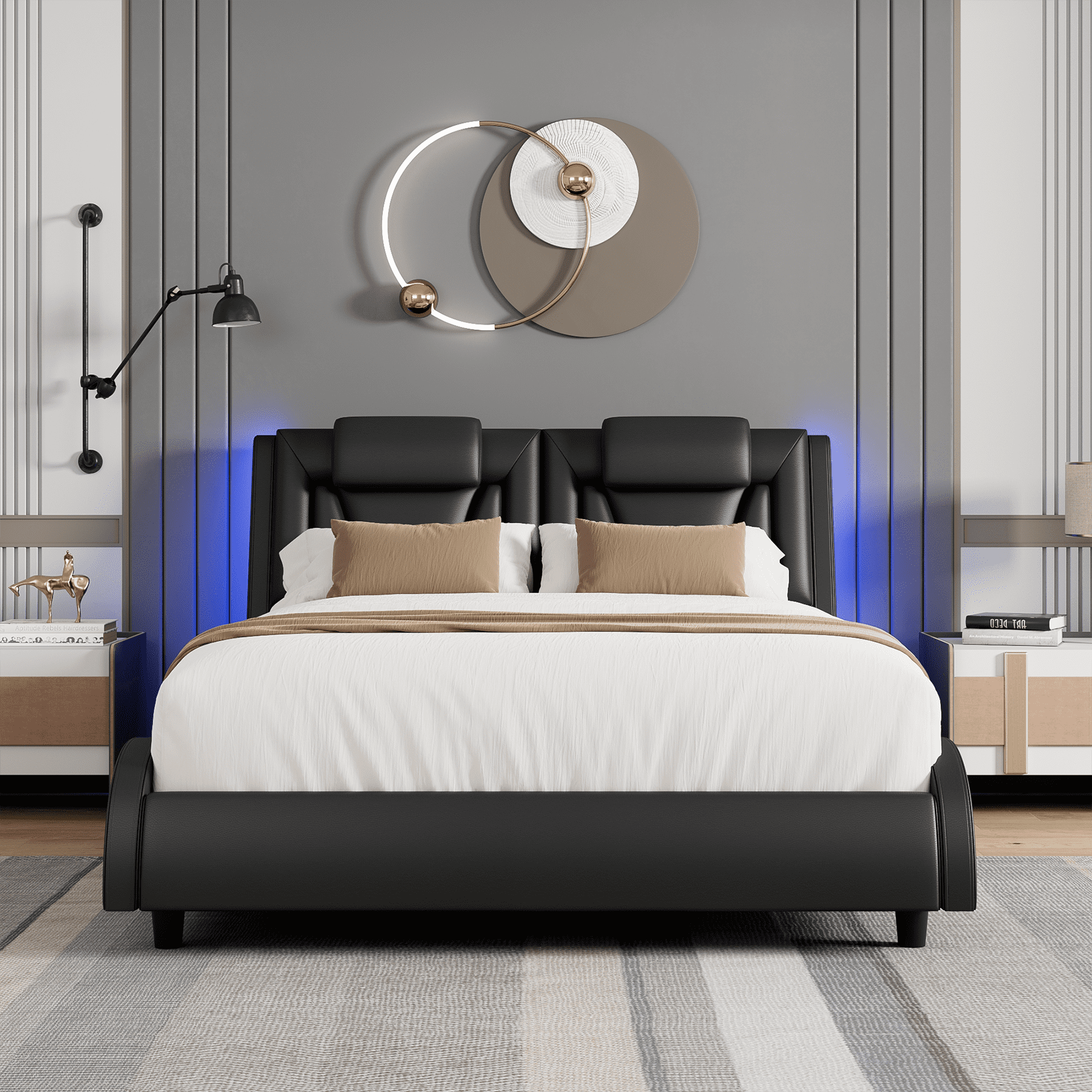 Queen Size LED Bed Frame, PU Leather Curved Upholstered Platform Bed Frame with Adjustable Headboard and Pillow, Black