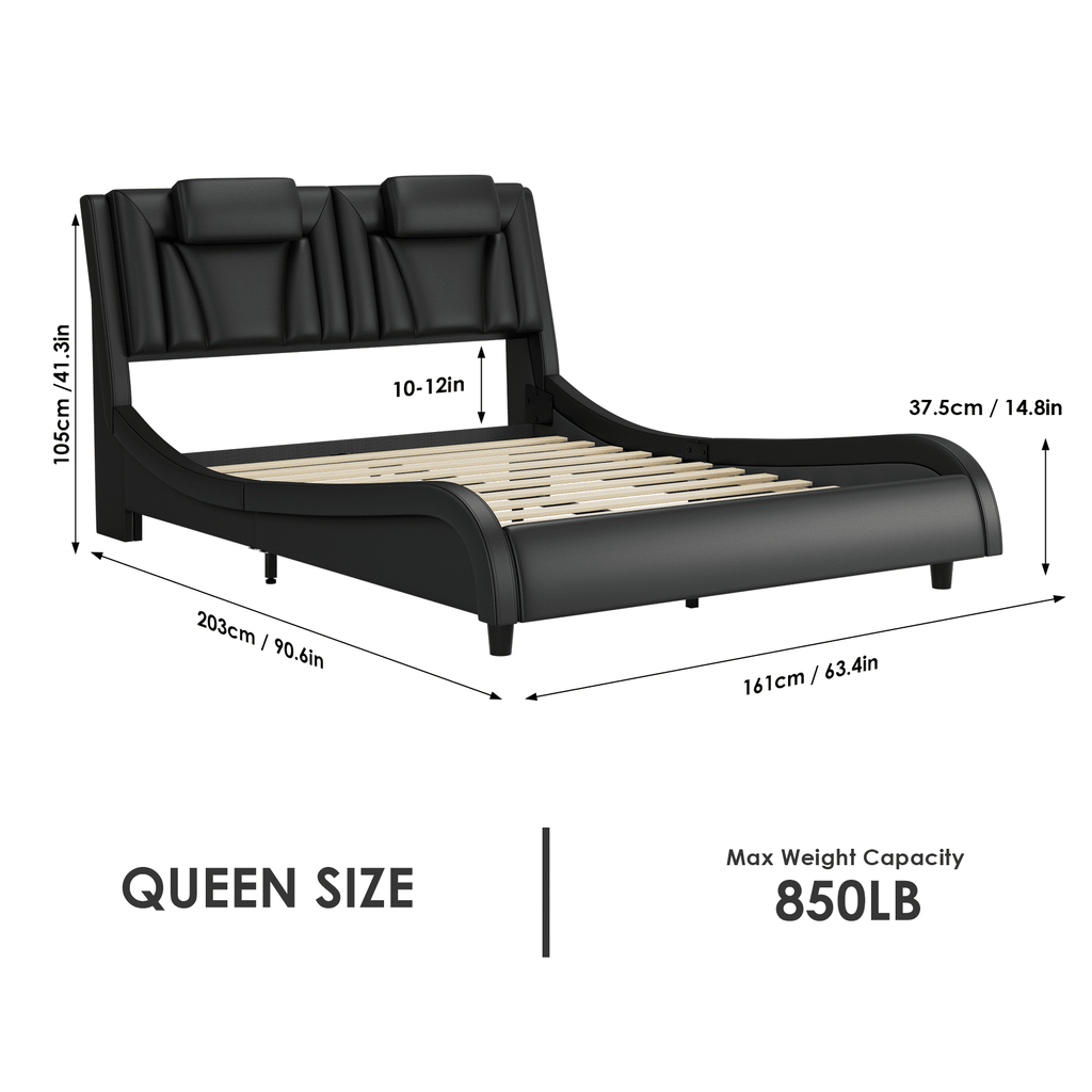 Queen Size LED Bed Frame, PU Leather Curved Upholstered Platform Bed Frame with Adjustable Headboard and Pillow, Black