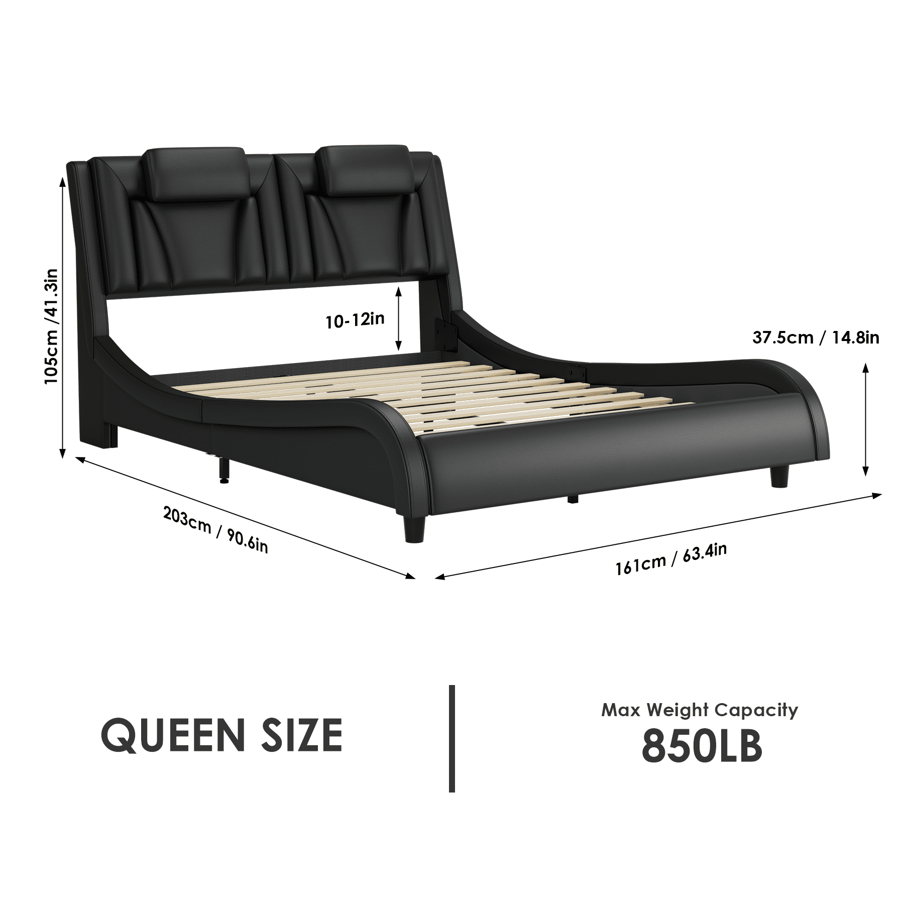 Queen Size LED Bed Frame, PU Leather Curved Upholstered Platform Bed Frame with Adjustable Headboard and Pillow, Black