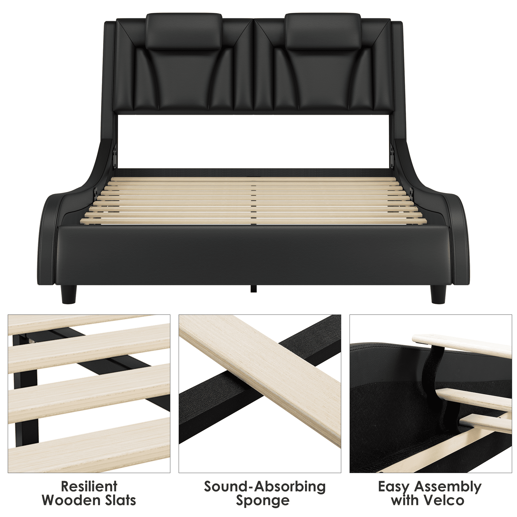 Queen Size LED Bed Frame, PU Leather Curved Upholstered Platform Bed Frame with Adjustable Headboard and Pillow, Black