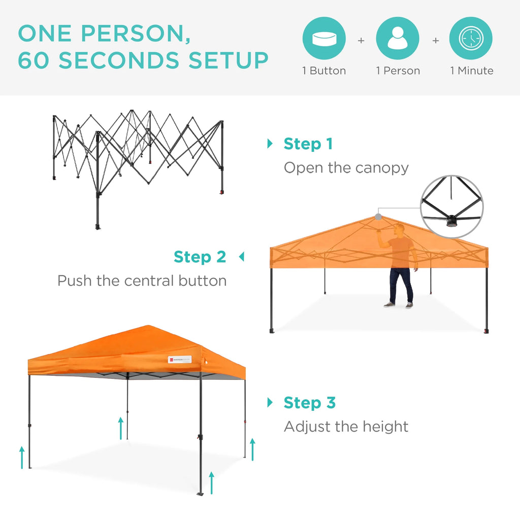 10X10Ft Easy Setup Pop up Canopy W/ 1-Button Setup, Wheeled Case, 4 Weight Bags - Orange